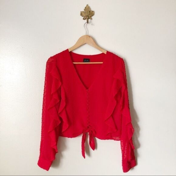 Bardot Red Swiss Dot tie crop blouse Size 8 - Picture 1 of 6